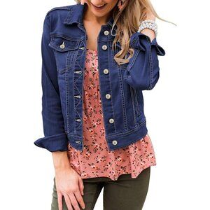 Women's Basic Long Sleeves Button Down Fitted Denim Jean Jacket Blue Denim